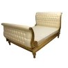 Elegant Classic Empire Style Sleigh Bed with Gold Wood Frame and Tufted Cream Upholstery