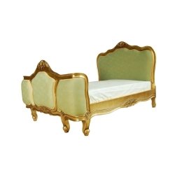 Ornate Gold Carved Single Bed Frame with Green Upholstery