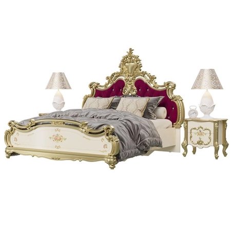 Luxury Royal Classic Carved Gold Finish Bed with Velvet Upholstery