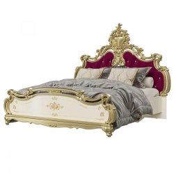 Luxury Royal Classic Carved Gold Finish Bed with Velvet Upholstery