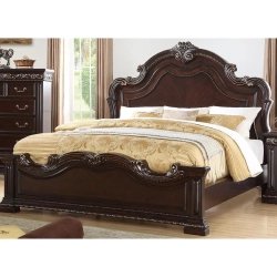 Classic Royal Carved Wooden Bed Frame with Upholstered Headboard