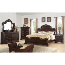 Classic Royal Carved Wooden Bed Frame with Upholstered Headboard