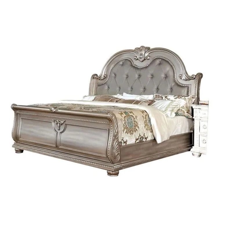Ornate Carved Wood Bed Frame with Tufted Upholstered Headboard Ornate Carved Wood Bed Frame with Tufted Upholstered Headboard
