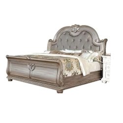 Classic Ornate Wood Bed Frame with Tufted Upholstered Headboard
