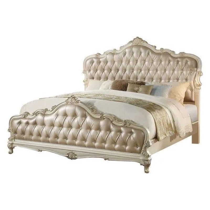 Luxury Champagne Upholstered Tufted Bed with Ornate Frame Luxury Champagne Upholstered Tufted Bed with Ornate Frame