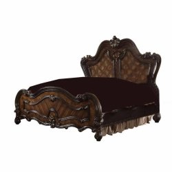 Luxury Ornate Carved Wood Bed with Fabric Headboard