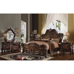 Luxury Ornate Carved Wood Bed with Fabric Headboard