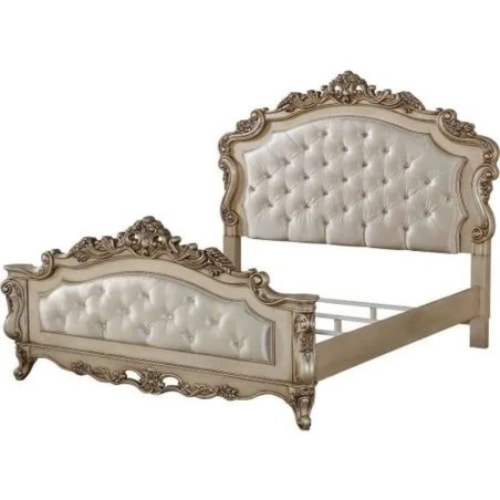 Elegant Ornate Carved Wood Tufted Upholstered Bed Frame