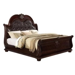 Classic Traditional Carved Wood Upholstered Sleigh Bed