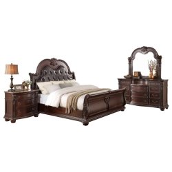 Classic Traditional Carved Wood Upholstered Sleigh Bed