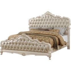Luxurious Champagne Upholstered King Bed Frame with Tufting and Ornate Carvings