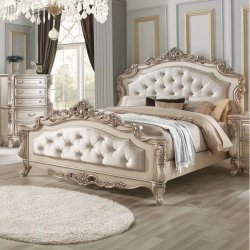 Classic Upholstered Tufted Panel Bed Frame with Carved Accents