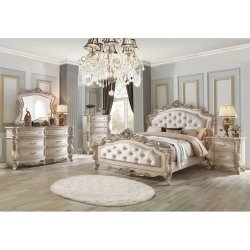 Classic Upholstered Tufted Panel Bed Frame with Carved Accents