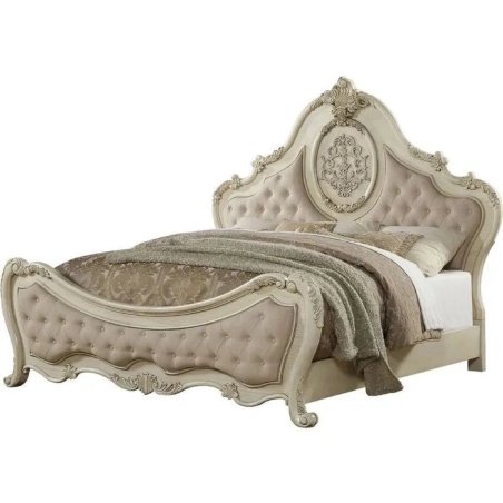 Luxury Classic European Carved Wood Bed Frame with Tufted Upholstery