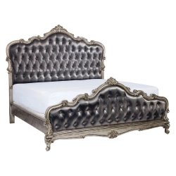 Luxury Classic European Carved Wood Bed Frame with Tufted Upholstery