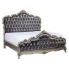Luxury Classic European Carved Wood Bed Frame with Tufted Upholstery