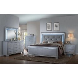 Luxurious Grey Upholstered Tufted Platform Bed with LED Lighting