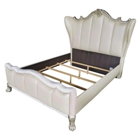 Luxury Classic Upholstered Wingback Bed with Gold Accents and Stud Trim