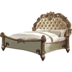 Luxury Classic Carved Wood Bed with Tufted Headboard