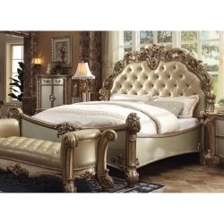 Luxury Classic Carved Wood Bed with Tufted Headboard