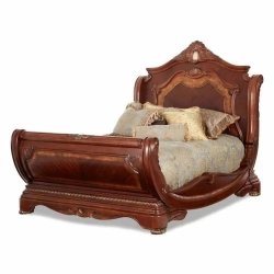 Luxury Carved Wood Sleigh Bed with Upholstered Headboard