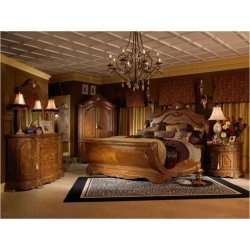Luxury Carved Wood Sleigh Bed with Upholstered Headboard