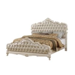 Classic Upholstered Panel Bed with Tufted Headboard and Footboard, Wood Frame, Champagne Finish