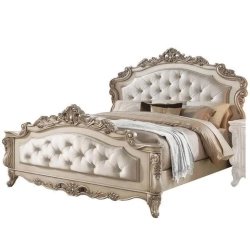 Elegant Classic Carved Upholstered Bedroom Bed Frame