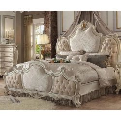 Luxury Classic Carved Wood Bed with Upholstered Headboard and Footboard