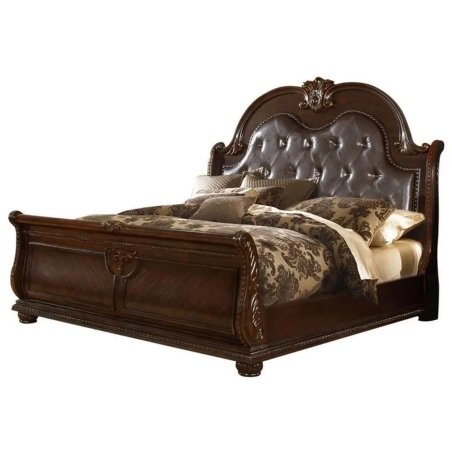Luxury Classic Sleigh Bed with Tufted Leather Headboard, Dark Wood Finish