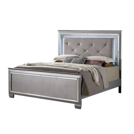 Modern Grey Upholstered Bed Frame with LED Light Headboard and Mirrored Trim