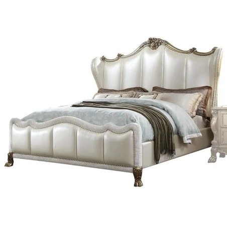 Classic White Upholstered Bed Frame with Gold Accents