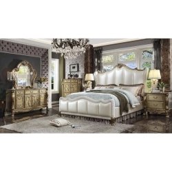 Classic White Upholstered Bed Frame with Gold Accents