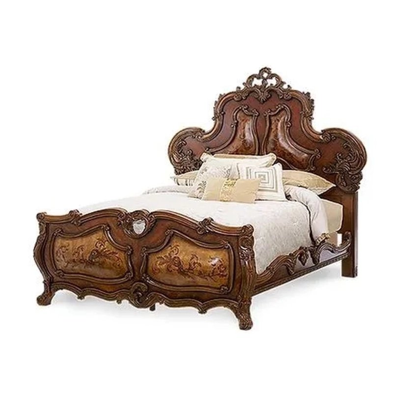 Ornate Carved Wooden King Bed with Upholstered Headboard Classic Design Bedroom Furniture Ornate Carved Wooden King Bed with Upholstered Headboard Classic Design Bedroom Furniture