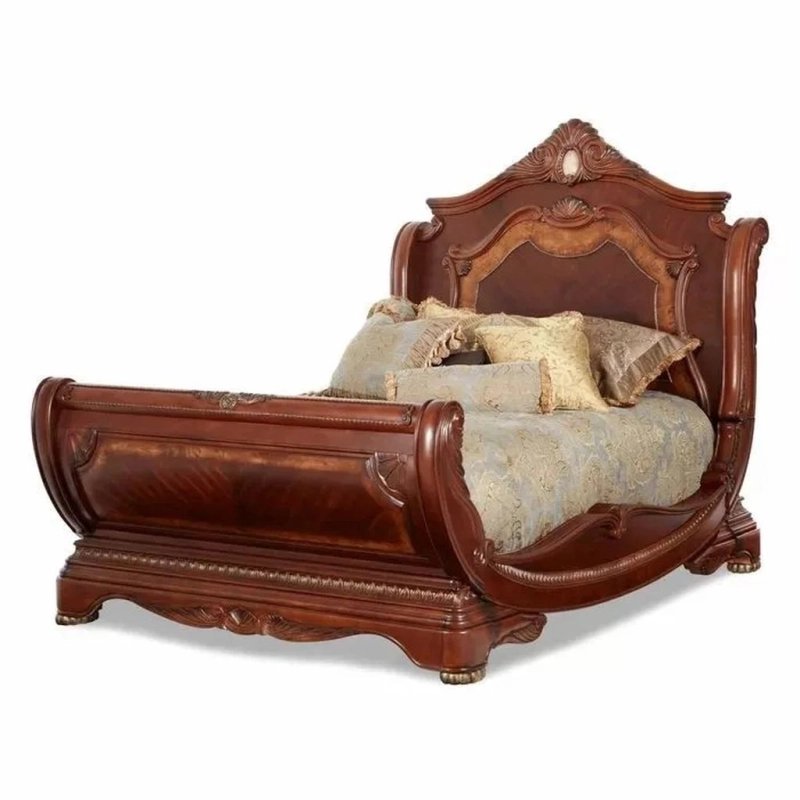 Classic Carved Wooden Sleigh Bed with Upholstered Headboard Classic Carved Wooden Sleigh Bed with Upholstered Headboard